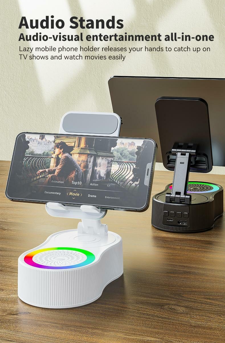 Product Introduction of 4 in 1 Wireless Audio Bluetooth Speaker, 360°Rotation Mount for Phones & Tablet, EmergencyPower Bank (1500 mAh), LED Desktop CellphoneStand Accessories, Bluetooth 5.0 FM HD, Wireless Stereo Pairing, Speaker for Home,Outdoors, Travel Smartphon 0