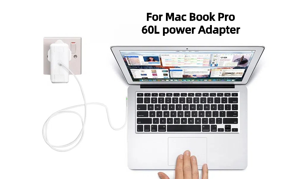 Text reads 'For Mac Book Pro 60L power Adapter'. Multiple views of a laptop and power adapter, showing device usage and connectivity.