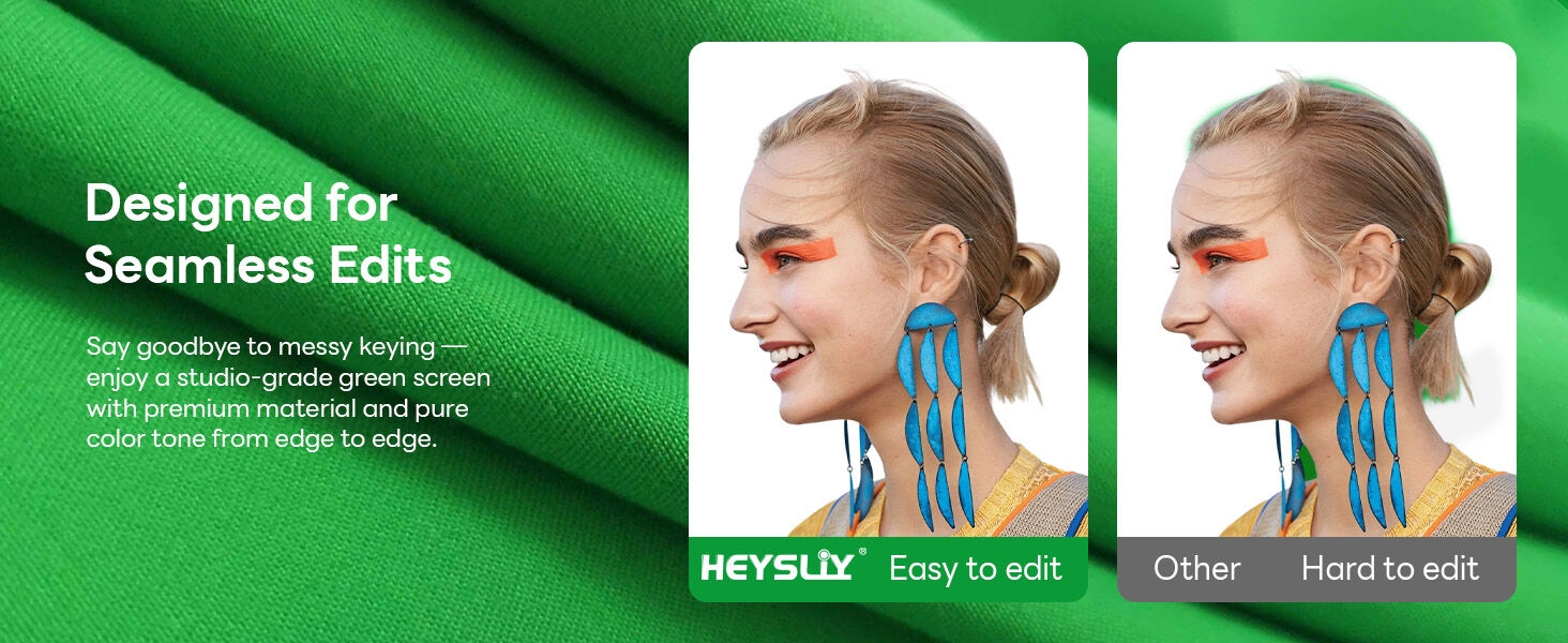 Comparison of photo editing software showing two identical images of a woman with blue lines drawn on her neck, labeled 'Easy to edit' and 'Hard to edit'. Green background with product text.