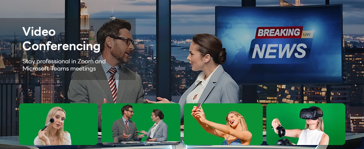 Composite image showing video conferencing scenarios. Top: news studio setup. Bottom: green screen backgrounds with various participants, including someone using VR headset.