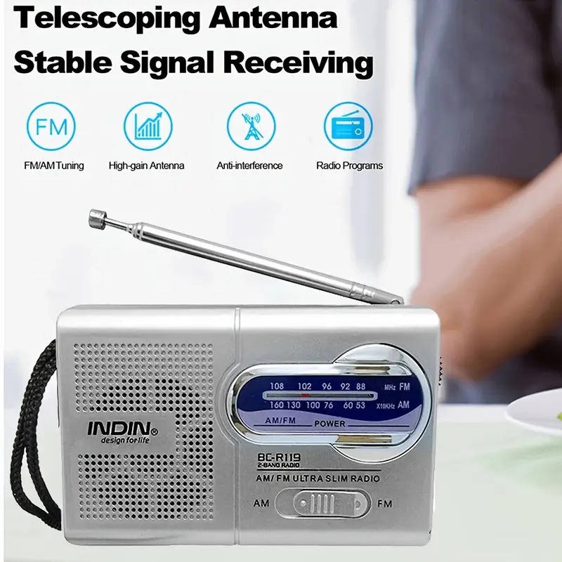 一台迷你便携式am/fm收音机，  bc-r119，led显示，高灵敏度，非防水，兼容耳机，收音信号接收，纤薄设计，配有40mm扬声器，适合家庭、户外和紧急使用 - 不含电池 商品详情 4