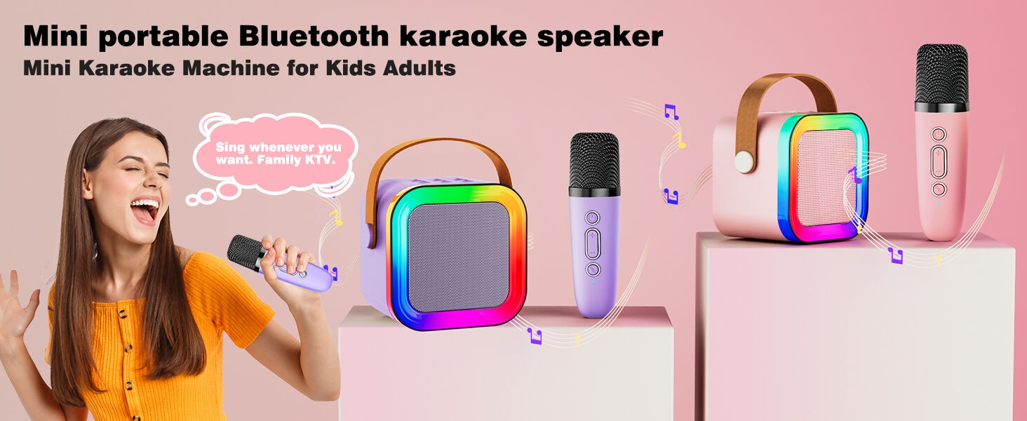 Mini Karaoke Machine Speaker for Kids Adults, Portable Bluetooth with 2 Wireless Microphones