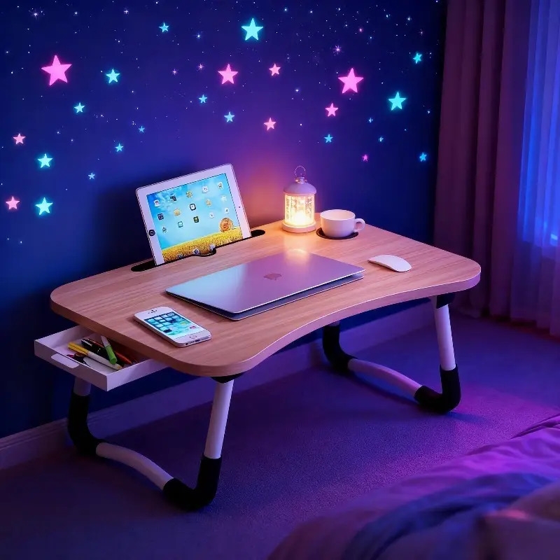 portable foldable desk - heavy-duty wood table with low-profile white legs, space-saving bedside/laptop desk for dorm, small spaces, room - freestanding compact writing table (  , easy assembly) Product details 3
