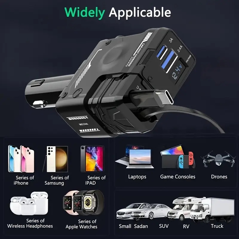 4 合 1 120w 可伸缩快速充电汽车充电器,pd 3.0 type-c 手机充电器,适用于 iphone、xiaomi、huawei、samsung 智能手机,短路保护,过热保护,过压保护,过充保护 7