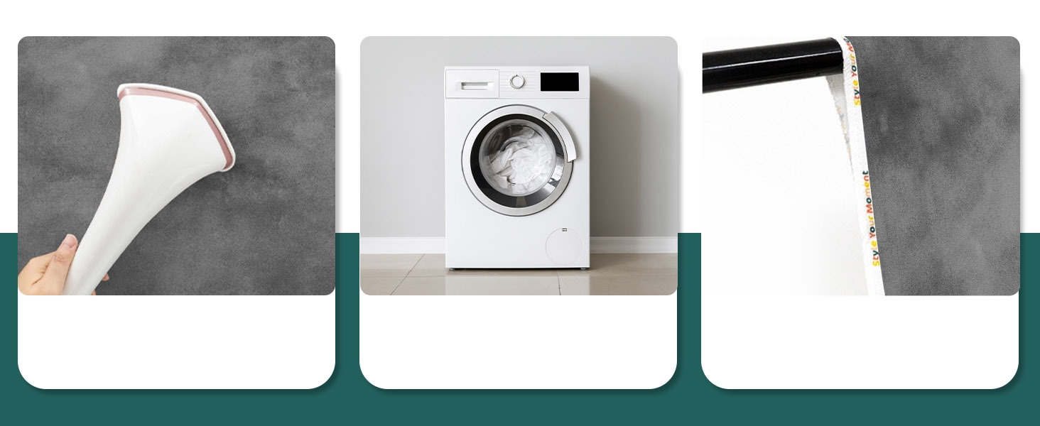 Three appliance images: a steam iron tip, front-loading washing machine, and upright refrigerator or freezer. All appear to be white-colored household appliances.