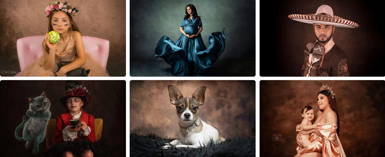 Grid of six professional portrait photographs featuring dramatic lighting and themed costumes, showcasing artistic photography styles.