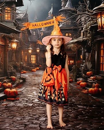 a little girl in a witch hat with a sign that says halloween.