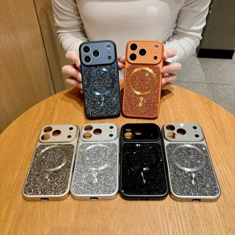 Luxury Glitter Magnetic Case for i Phone 17 Pro Max Sparkle Crystal Design with Ring Stand