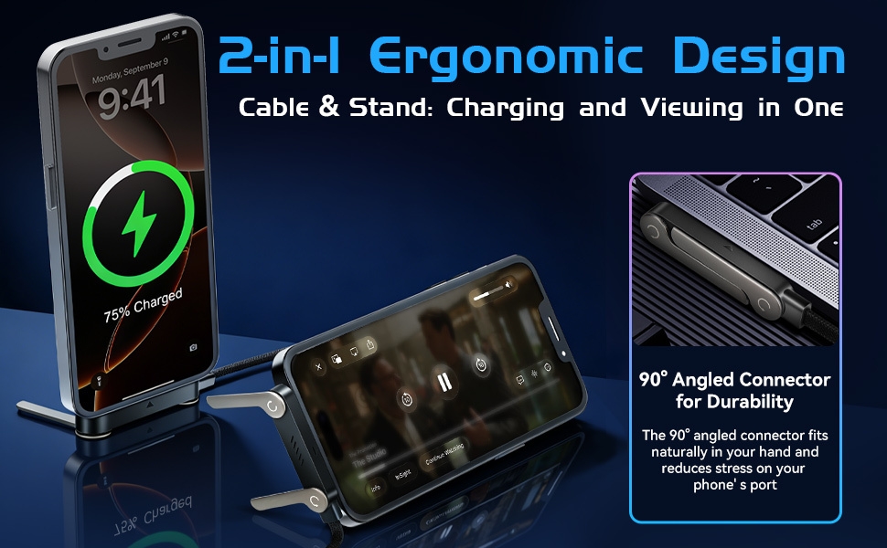 Text reads '2-in-1 Ergonomic Design' and 'Cable & Stand: Charging and Viewing in One'. Gaming accessory features with blue LED lighting effects.