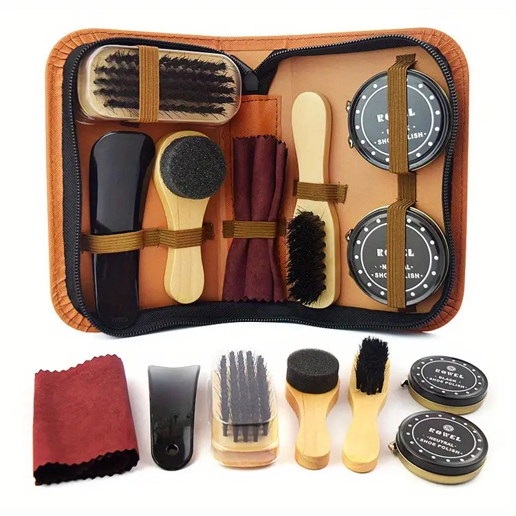 1set   tools 3pcs wooden shoe brushes 2pcs shoe wax 1pc shoe horn leather   set suitable for home and travel use details 2