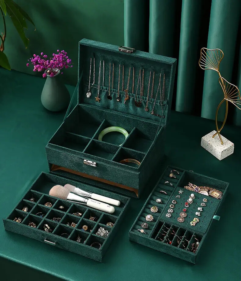 1pc 3 layer flannelette lockable jewelry storage box antique flannelette jewelry organizer case ear stud necklace earring ring watch jewelry box ideal choice for gifts details 3