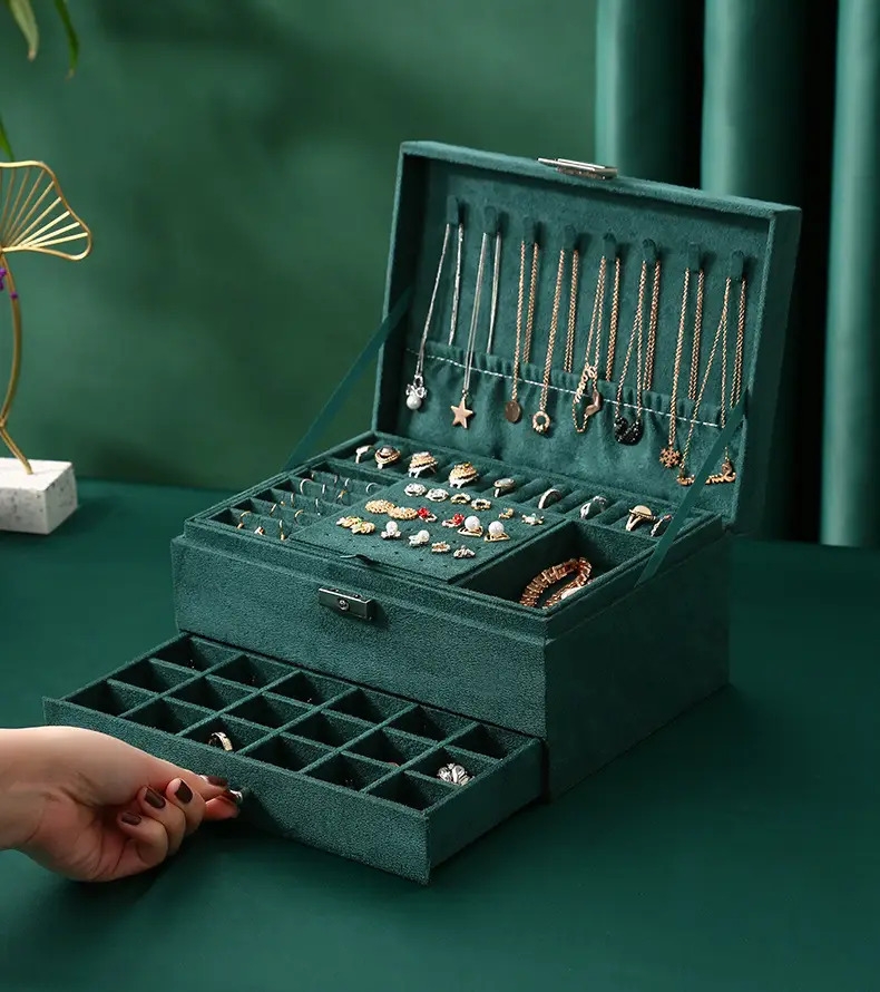 1pc 3 layer flannelette lockable jewelry storage box antique flannelette jewelry organizer case ear stud necklace earring ring watch jewelry box ideal choice for gifts details 2