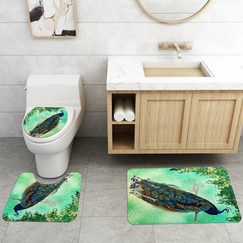 4pcs/set Bathroom Mat Carpet Shower Curtain Toilet Lid Cover Peocock Print Bathroom Set As shown_Set