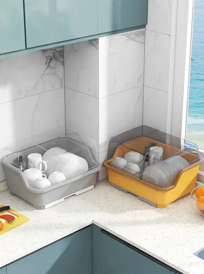 1pc plastic dish drying rack with dust proof transparent cover detachable cutlery box drainboard utensil holder easy   kitchen organizer for sink counter classic style details 3