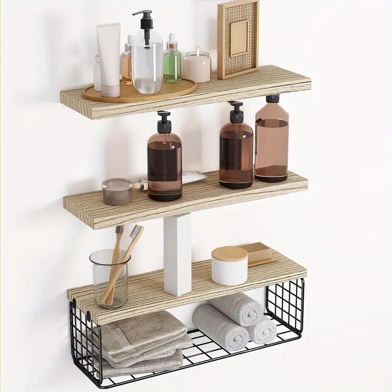 3pcs set bathroom floating shelves wall mounted floating shelves with grid storage baskets used for decorating farmhouses in bathrooms living rooms bedrooms and kitchens multi color 15 8x5 9inches details 3