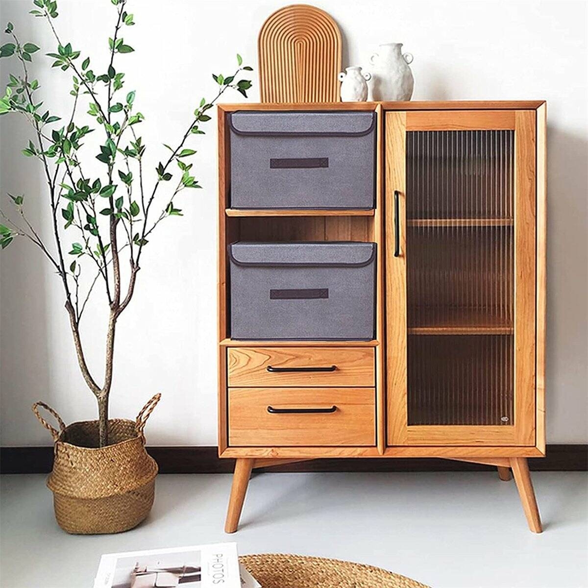 Casewin Collapsible Storage Boxes 2 Pack, Linen Fabric Storage Baskets Washable with Lids and Leather Handle, for Home Bedroom Closet Office, (Grey)