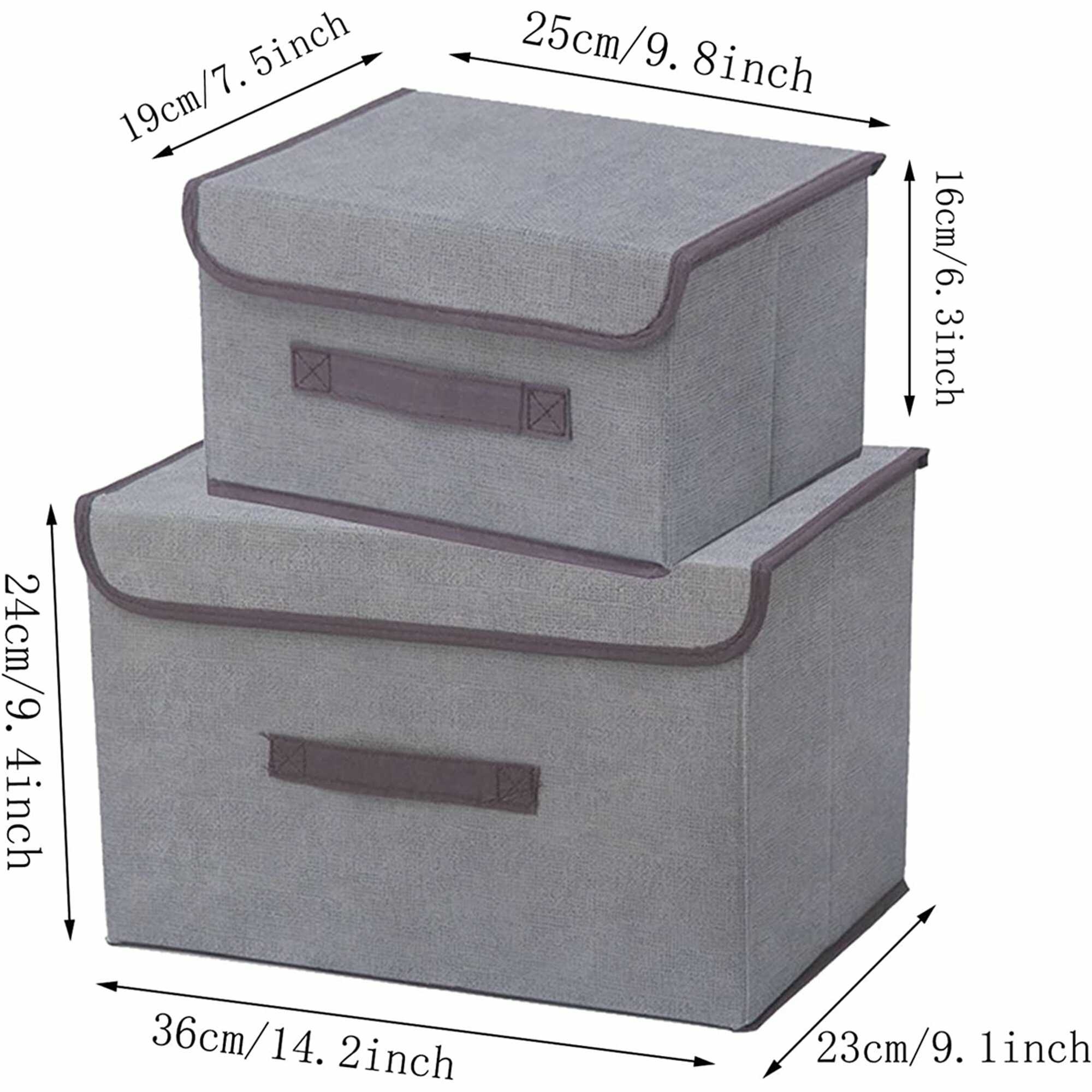 Casewin Collapsible Storage Boxes 2 Pack, Linen Fabric Storage Baskets Washable with Lids and Leather Handle, for Home Bedroom Closet Office, (Grey)