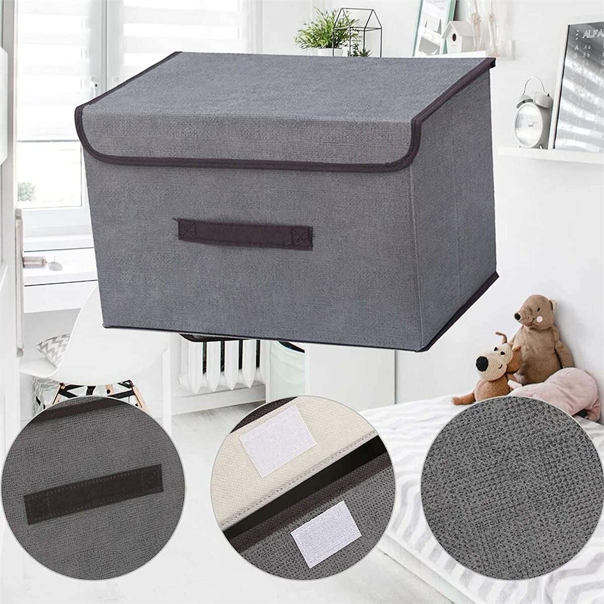 Casewin Collapsible Storage Boxes 2 Pack, Linen Fabric Storage Baskets Washable with Lids and Leather Handle, for Home Bedroom Closet Office, (Grey)