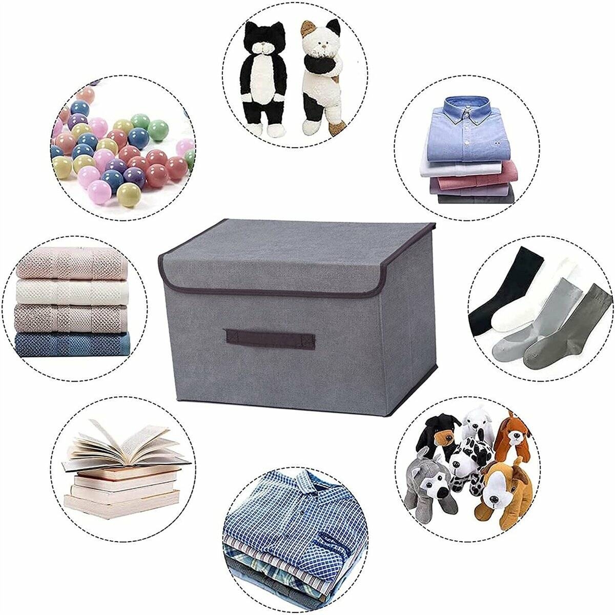 Casewin Collapsible Storage Boxes 2 Pack, Linen Fabric Storage Baskets Washable with Lids and Leather Handle, for Home Bedroom Closet Office, (Grey)
