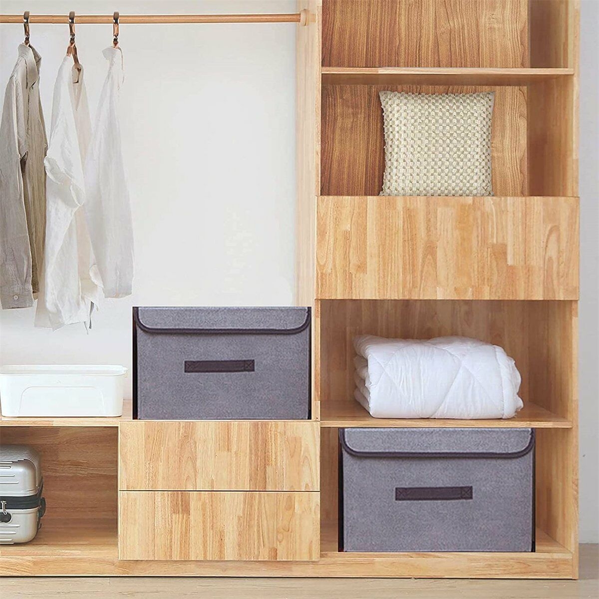 Casewin Collapsible Storage Boxes 2 Pack, Linen Fabric Storage Baskets Washable with Lids and Leather Handle, for Home Bedroom Closet Office, (Grey)