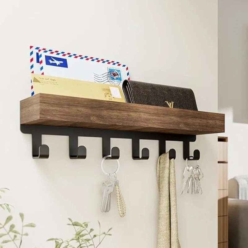 1pc rustic wooden wall mounted shelf with 6 hooks floating storage organizer key and mail holder     for   room bedroom bathroom versatile wood tray caddy   1