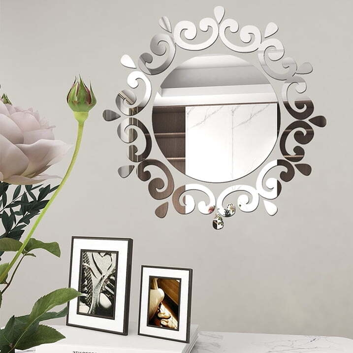 Irene Inevent 50 Pieces Mirror Wall Sticker DIY Creative Design Flower Disc Shape Ornaments Walls Decal Kitchen Home Office Hallway Bathroom
