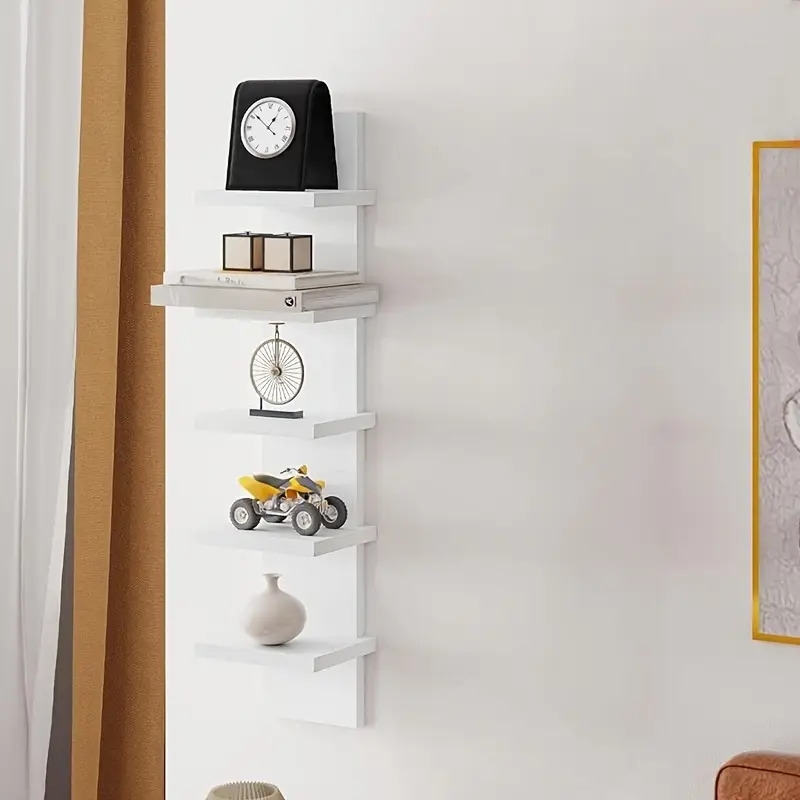 5-tier floating wall shelf, smooth laminate decorative vertical rack, easy wall-mounted storage organizer for living room and bedroom, display shelf with 2 color options, stylish tower design for showcasing decor, aromatherapy, and plants, floating shelves Product details 0