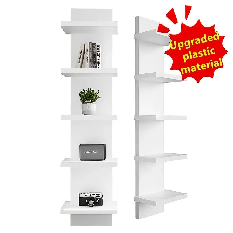 5-tier white floating wall shelf - heavy-duty vertical storage rack, easy-clean non-porous surface, space-saving modern minimalist shelf system for living room, bedroom, entryway - sturdy construction for decor, plants, books, electronics - ideal for small spaces, home organization, contemporary design, durable shelving, multitier shelf, apartment dwellers Product details 5