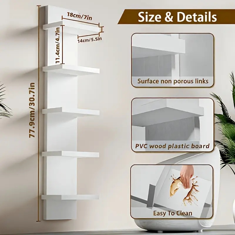 5-tier white floating wall shelf - heavy-duty vertical storage rack, easy-clean non-porous surface, space-saving modern minimalist shelf system for living room, bedroom, entryway - sturdy construction for decor, plants, books, electronics - ideal for small spaces, home organization, contemporary design, durable shelving, multitier shelf, apartment dwellers Product details 1