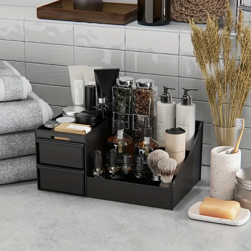 男士黑色塑料台面收纳盒，多隔层可调节搁板 - 现代香水、护肤品及洗漱用品储物架，节省空间的梳妆桌整理器，适用于浴室和卧室 - 理想男性礼物，护肤展示架，坚固结构，易于组装，香水支架，家居组织 商品详情 4