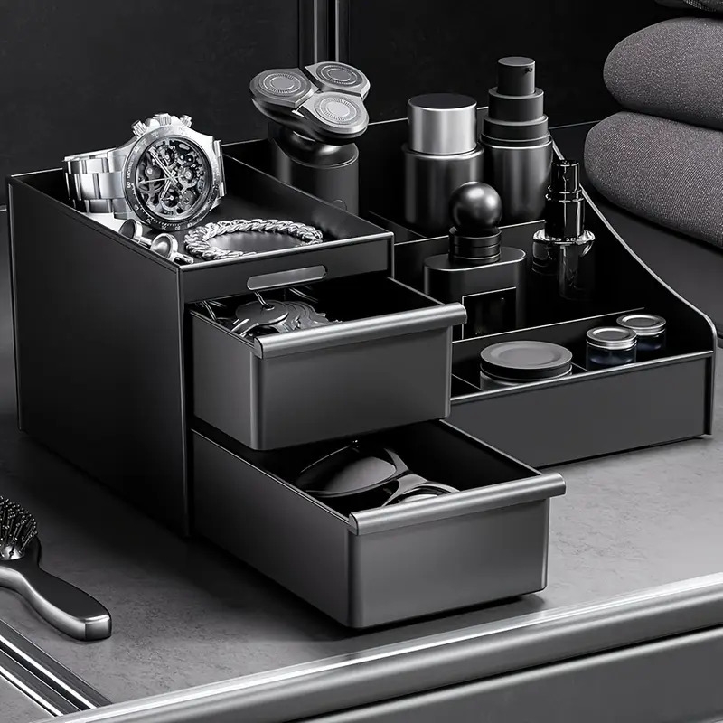 男士黑色塑料台面收纳盒，多隔层可调节搁板 - 现代香水、护肤品及洗漱用品储物架，节省空间的梳妆桌整理器，适用于浴室和卧室 - 理想男性礼物，护肤展示架，坚固结构，易于组装，香水支架，家居组织 商品详情 3