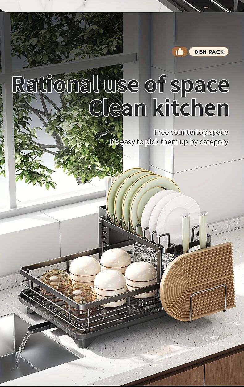 1 件廚房櫃上過水槽的碗碟架,拆卸式更大的容量 2 層碗碟架排水板,帶有雙層碗架、排水板、粘板架、收纳餐具架,黑色 详情 10