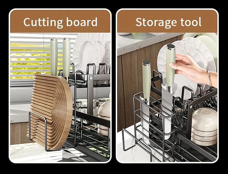1 件廚房櫃上過水槽的碗碟架,拆卸式更大的容量 2 層碗碟架排水板,帶有雙層碗架、排水板、粘板架、收纳餐具架,黑色 详情 9