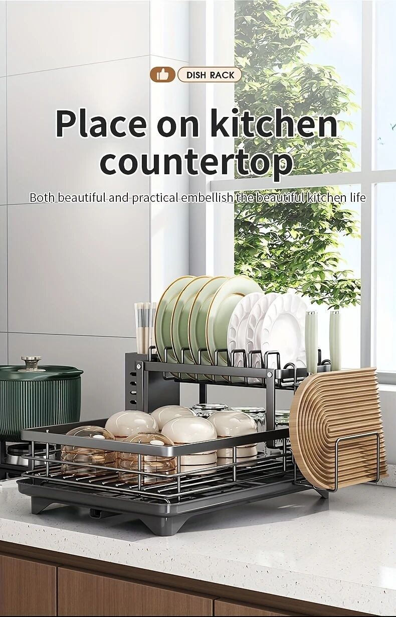 1 件廚房櫃上過水槽的碗碟架,拆卸式更大的容量 2 層碗碟架排水板,帶有雙層碗架、排水板、粘板架、收纳餐具架,黑色 详情 15