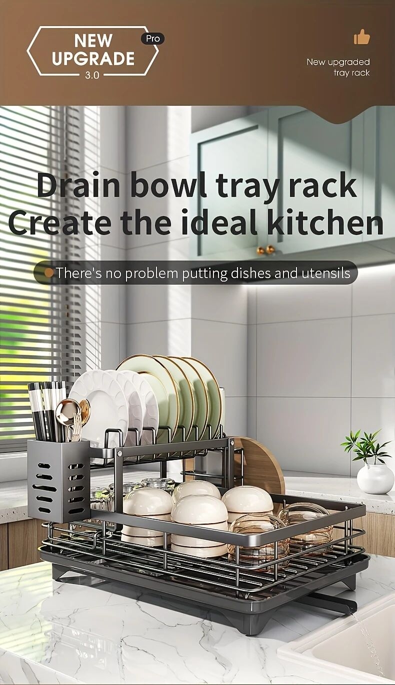 1 件廚房櫃上過水槽的碗碟架,拆卸式更大的容量 2 層碗碟架排水板,帶有雙層碗架、排水板、粘板架、收纳餐具架,黑色 详情 0