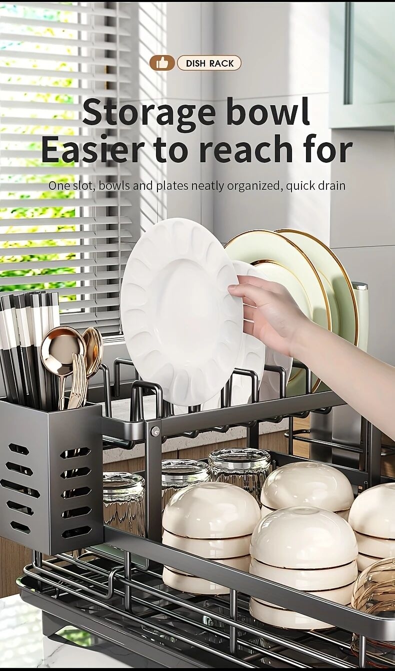 1 件廚房櫃上過水槽的碗碟架,拆卸式更大的容量 2 層碗碟架排水板,帶有雙層碗架、排水板、粘板架、收纳餐具架,黑色 详情 7