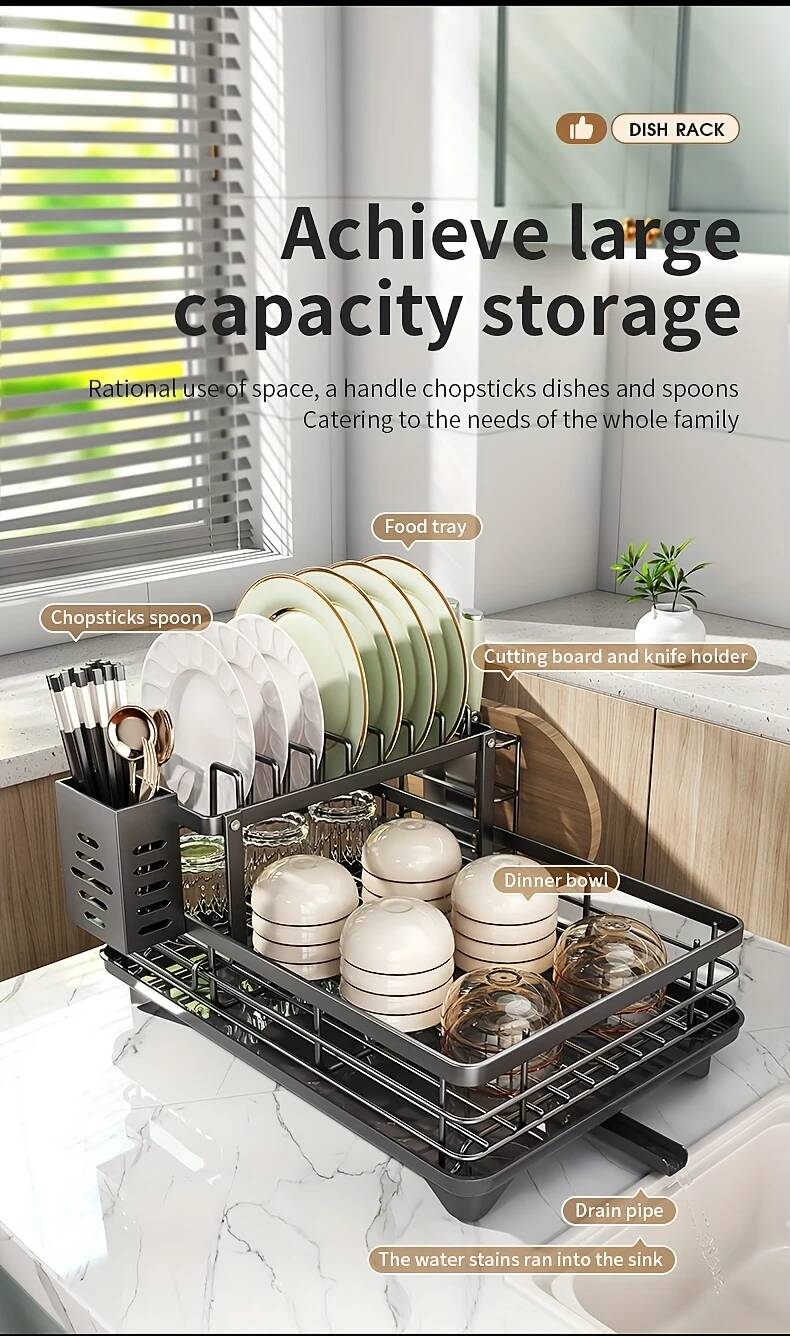 1 件廚房櫃上過水槽的碗碟架,拆卸式更大的容量 2 層碗碟架排水板,帶有雙層碗架、排水板、粘板架、收纳餐具架,黑色 详情 4