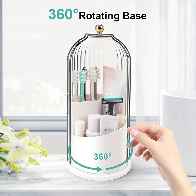 1pc 高级质感白色滑盖牙刷架 - 可360° 旋转的收纳用具,防尘浴室梳妆台收纳盒,可多格收纳牙刷、牙膏、化妆刷等物品,时尚收纳用具,时尚设计,带透明门,高效牙刷收纳架,完美运用于多种场景,多用途收纳