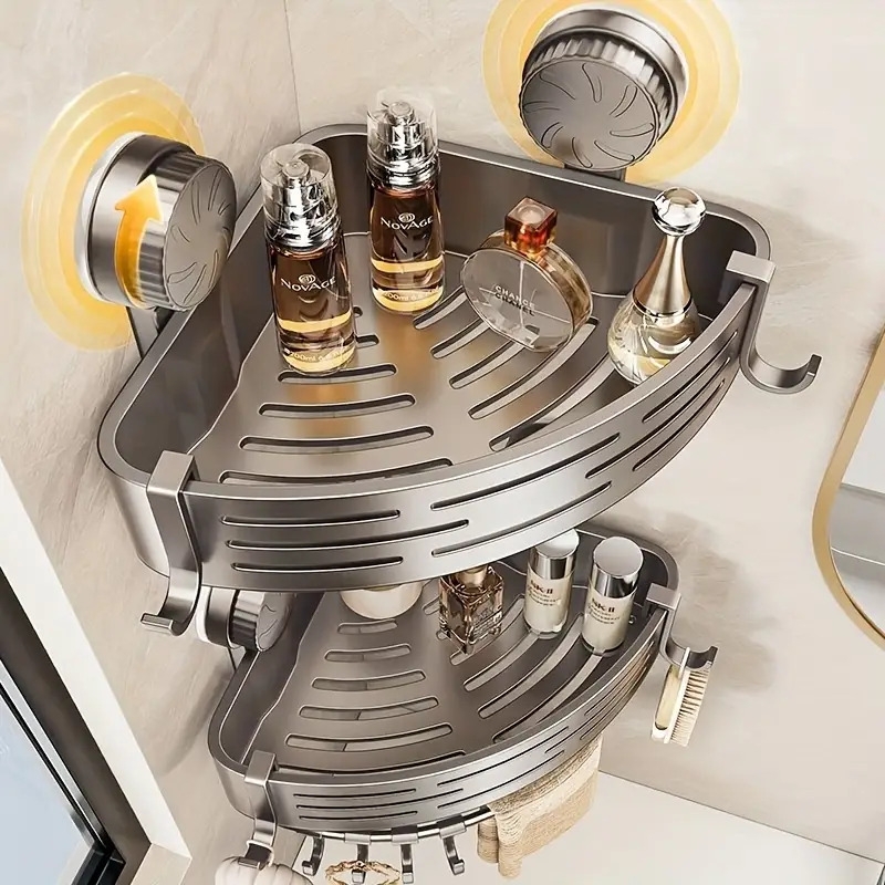 节省空间的吸盘浴室架 - 无需钻孔，强力三角形架带挂钩，适用于淋浴和厕所墙/瓷砖，多功能储物组织者 商品详情 6