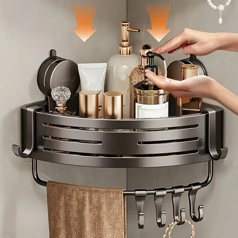 节省空间的吸盘浴室架 - 无需钻孔，强力三角形架带挂钩，适用于淋浴和厕所墙/瓷砖，多功能储物组织者 商品详情 5