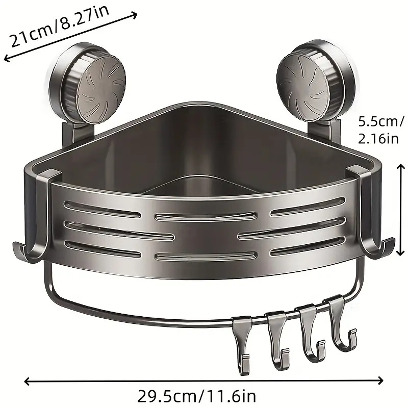 节省空间的吸盘浴室架 - 无需钻孔，强力三角形架带挂钩，适用于淋浴和厕所墙/瓷砖，多功能储物组织者 商品详情 3