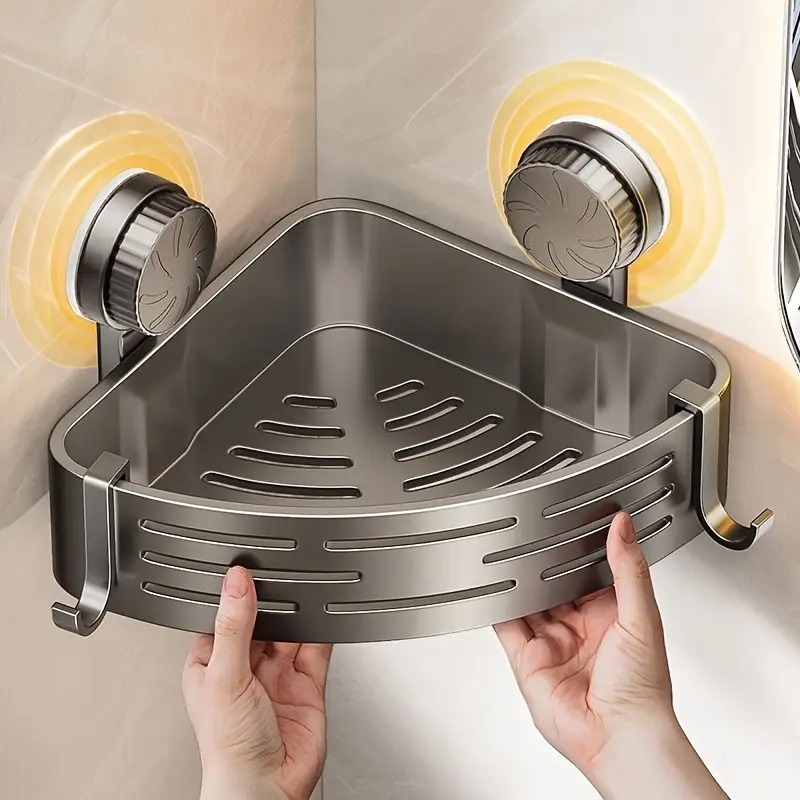 节省空间的吸盘浴室架 - 无需钻孔，强力三角形架带挂钩，适用于淋浴和厕所墙/瓷砖，多功能储物组织者 商品详情 2