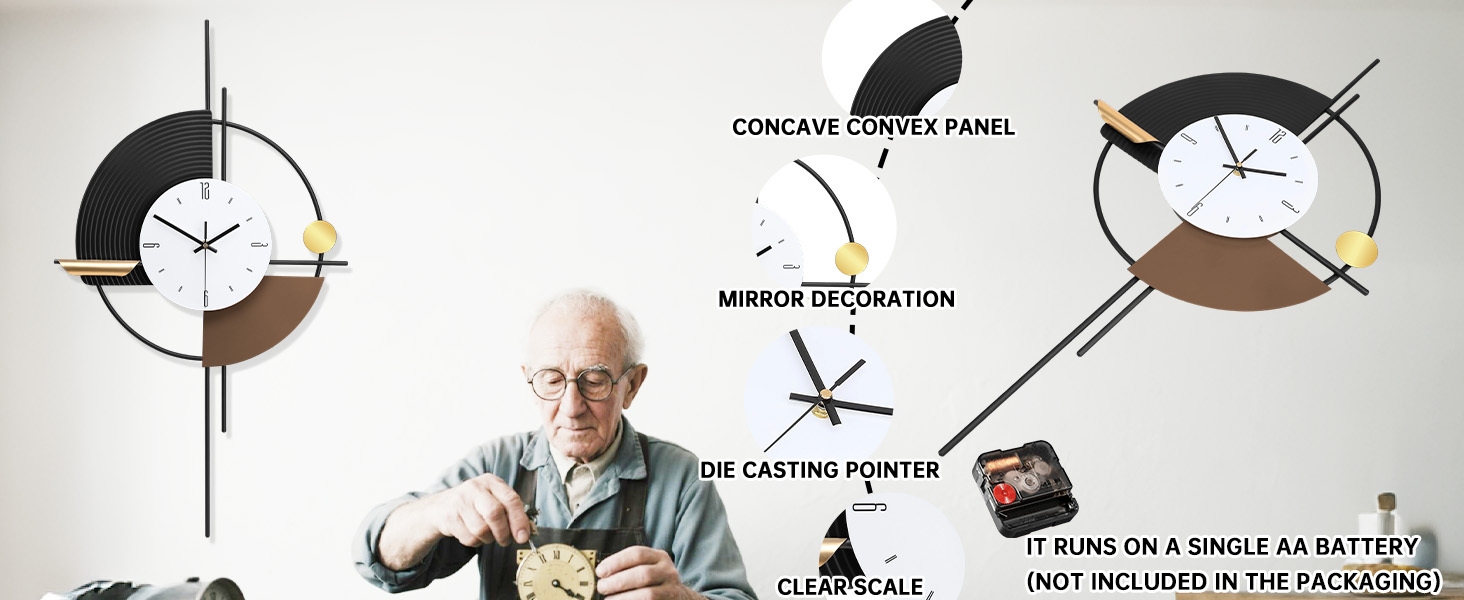 Modern wall clock with concave convex panel and mirror decoration. Features clear scale, die casting pointer, and runs on single AA battery. Multiple views show design variations.