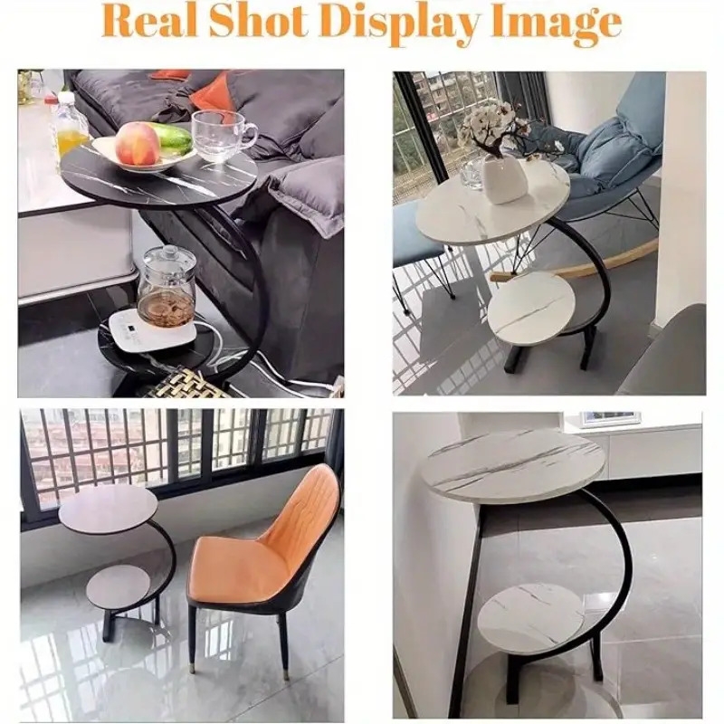 现代豪华锻铁与木混合边桌，带大理石纹白色台面 - 节省空间的沙发/床头咖啡桌配储物架，黑色金属框架和mdf底座，小巧便携设计，便于组装适合小空间、客厅、卧室 - 最简主义装饰家具，耐用且易搬运的设计，适用于客厅的控制台桌，家居用品，金色边桌 6