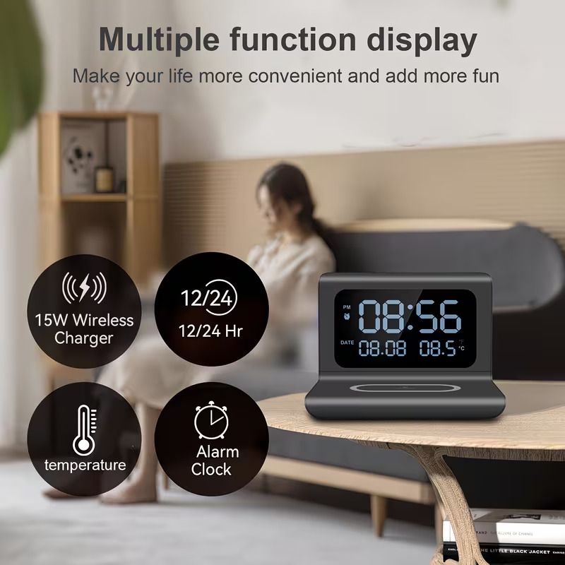 3in 1 wireless charger time temperature display alarm clock for bedroom desk charging dock station for iphone 16 15 14 13 12 11 pro plus xr x 8 2 3 4 2 4 3 pro 2 for samsung s25 s23 s22 s21 s20 galaxy buds Product details 1