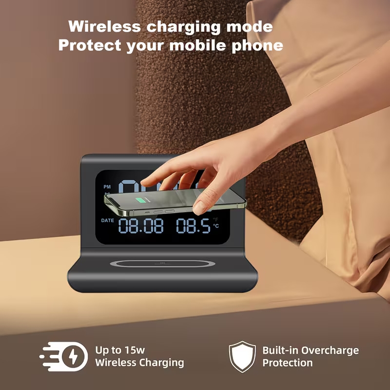 3in 1 wireless charger time temperature display alarm clock for bedroom desk charging dock station for iphone 16 15 14 13 12 11 pro plus xr x 8 2 3 4 2 4 3 pro 2 for samsung s25 s23 s22 s21 s20 galaxy buds Product details 2