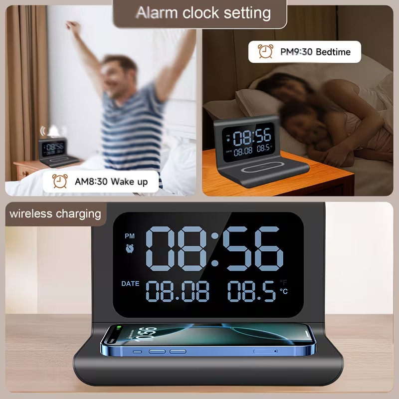 3in 1 wireless charger time temperature display alarm clock for bedroom desk charging dock station for iphone 16 15 14 13 12 11 pro plus xr x 8 2 3 4 2 4 3 pro 2 for samsung s25 s23 s22 s21 s20 galaxy buds Product details 4
