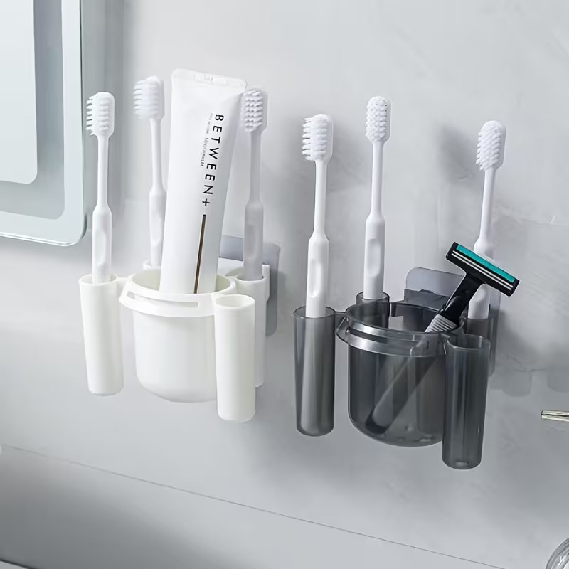 wall mounted no drill toothbrush holder for bathroom featuring a razor and toothpaste storage rack ideal for home use and draining dental tools Product details 1
