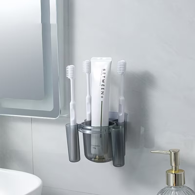 wall mounted no drill toothbrush holder for bathroom featuring a razor and toothpaste storage rack ideal for home use and draining dental tools Product details 7
