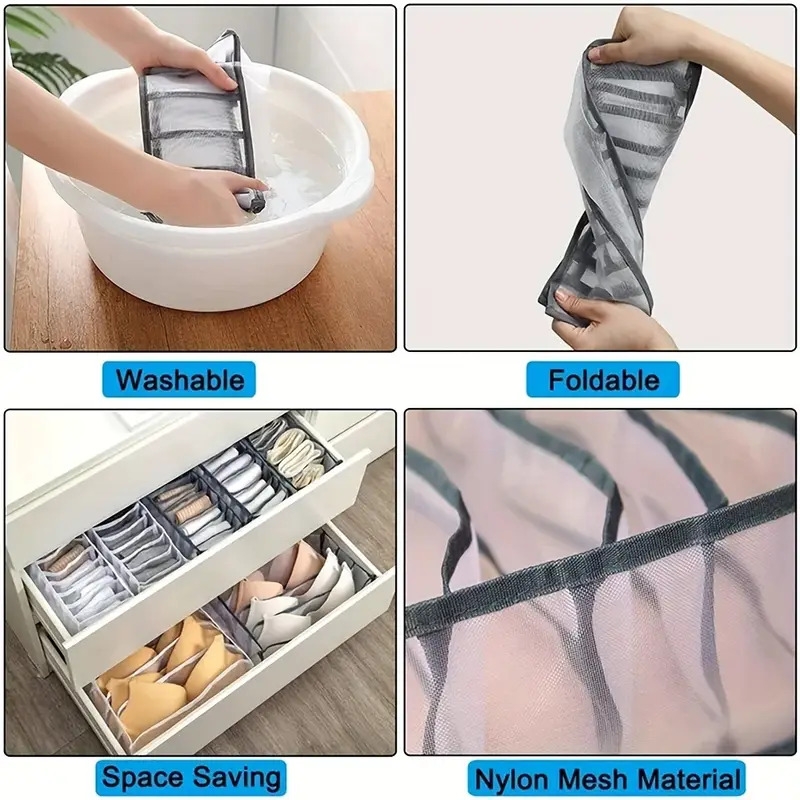3pcs foldable underwear sock storage boxes 17 drawer dividers durable nylon mesh design for easy visibility gray black white options   neat bedroom storage accessory organizer sleek wardrobe accessory nylon fabric divider details 3